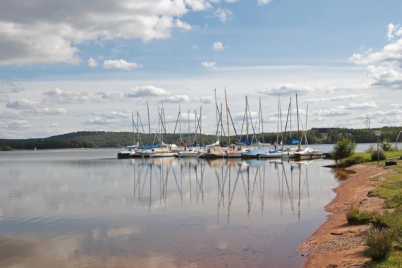 Sailing boats moored at Bostalsee on a calm morning, with the far shore in the distance