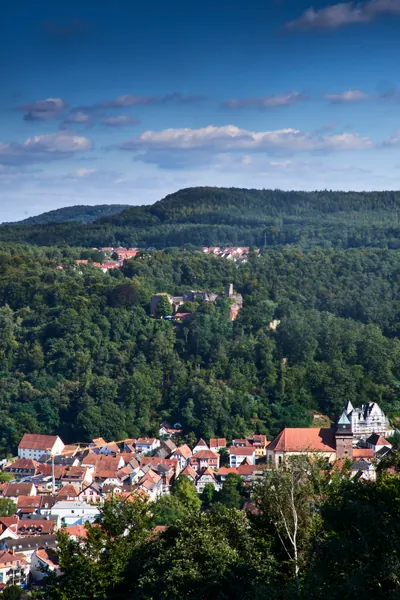 View of Landstuhl and Nanstein Castle on the wooded hill above town